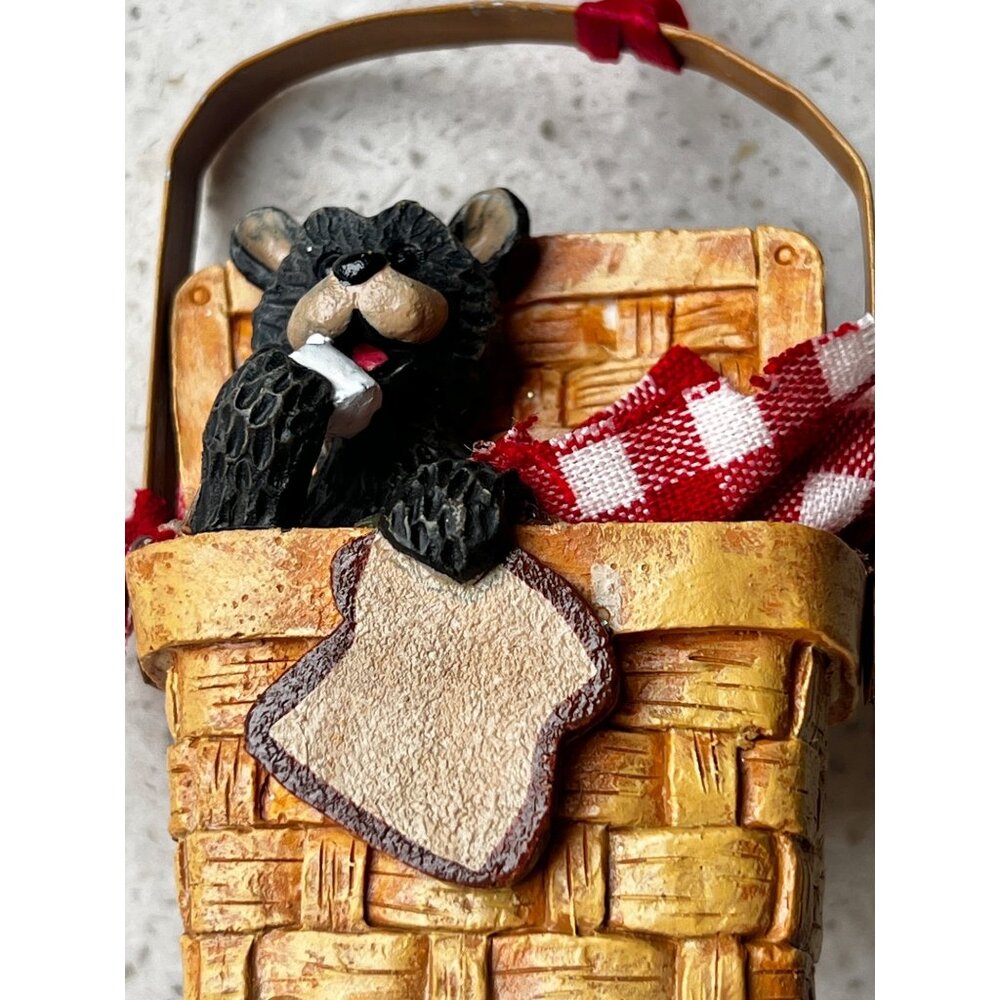 Black Bear In Basket Christmas Ornament With Red Ribbon By KSA Inc. NIB